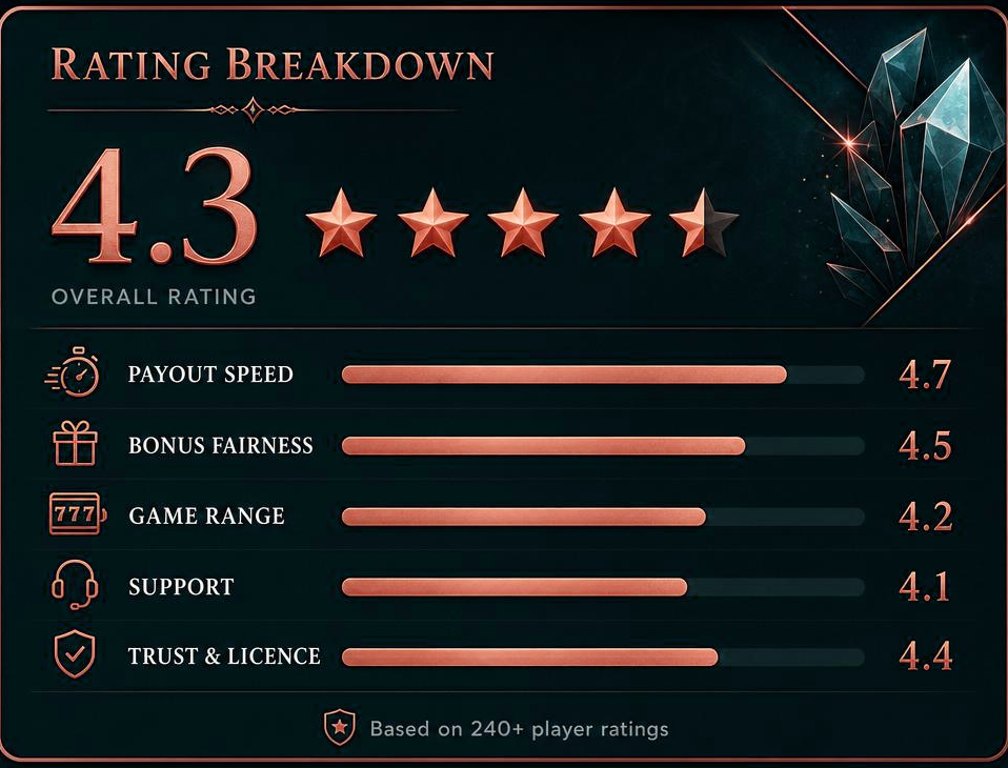 Crystal Roll Bewertungsuebersicht mit 4.3 gesamt sowie Auszahlung, Bonus, Support und Vertrauen