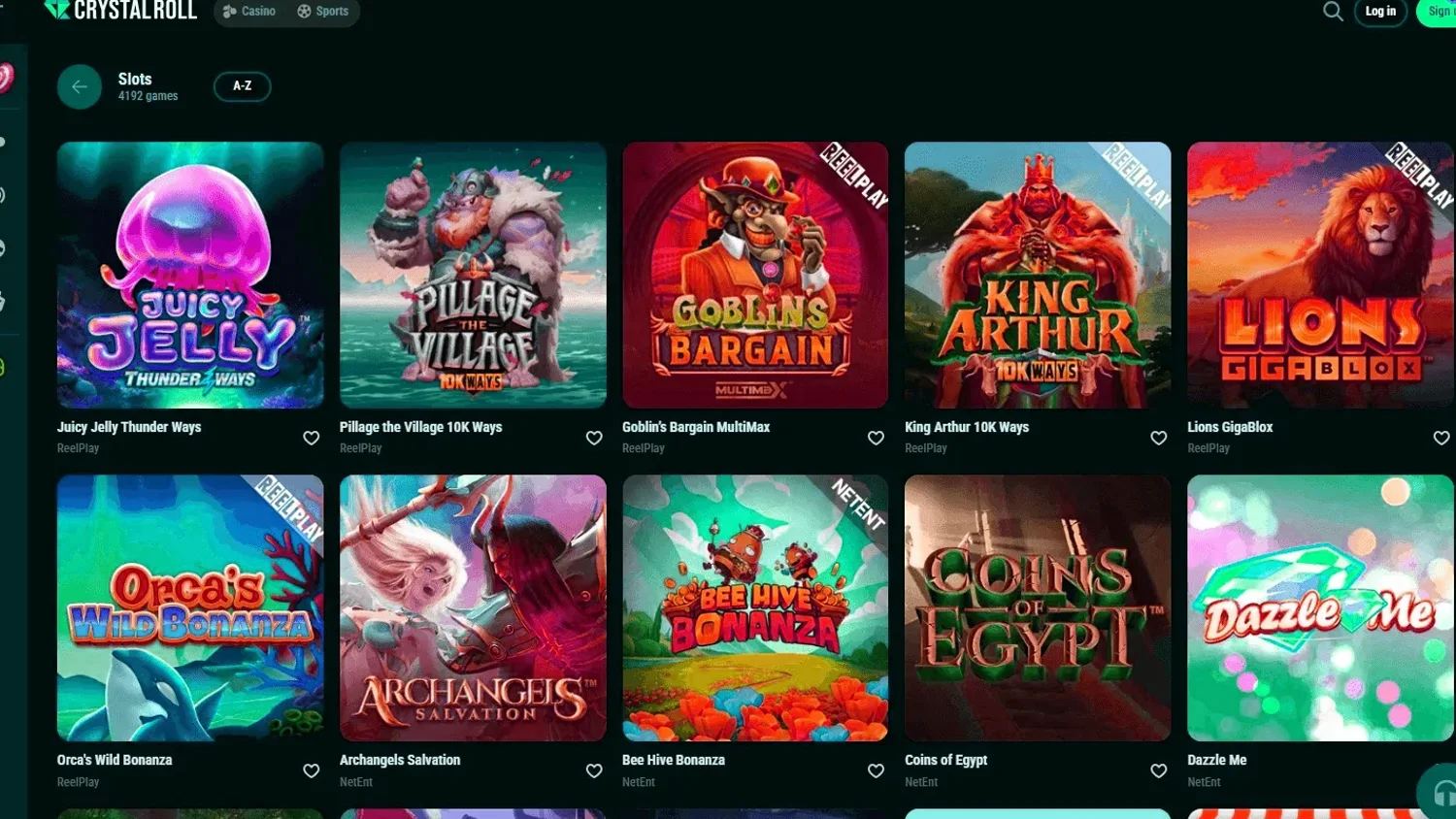 Crystal Roll Spielegalerie mit Slot-Thumbnails und Casino-Kategorien