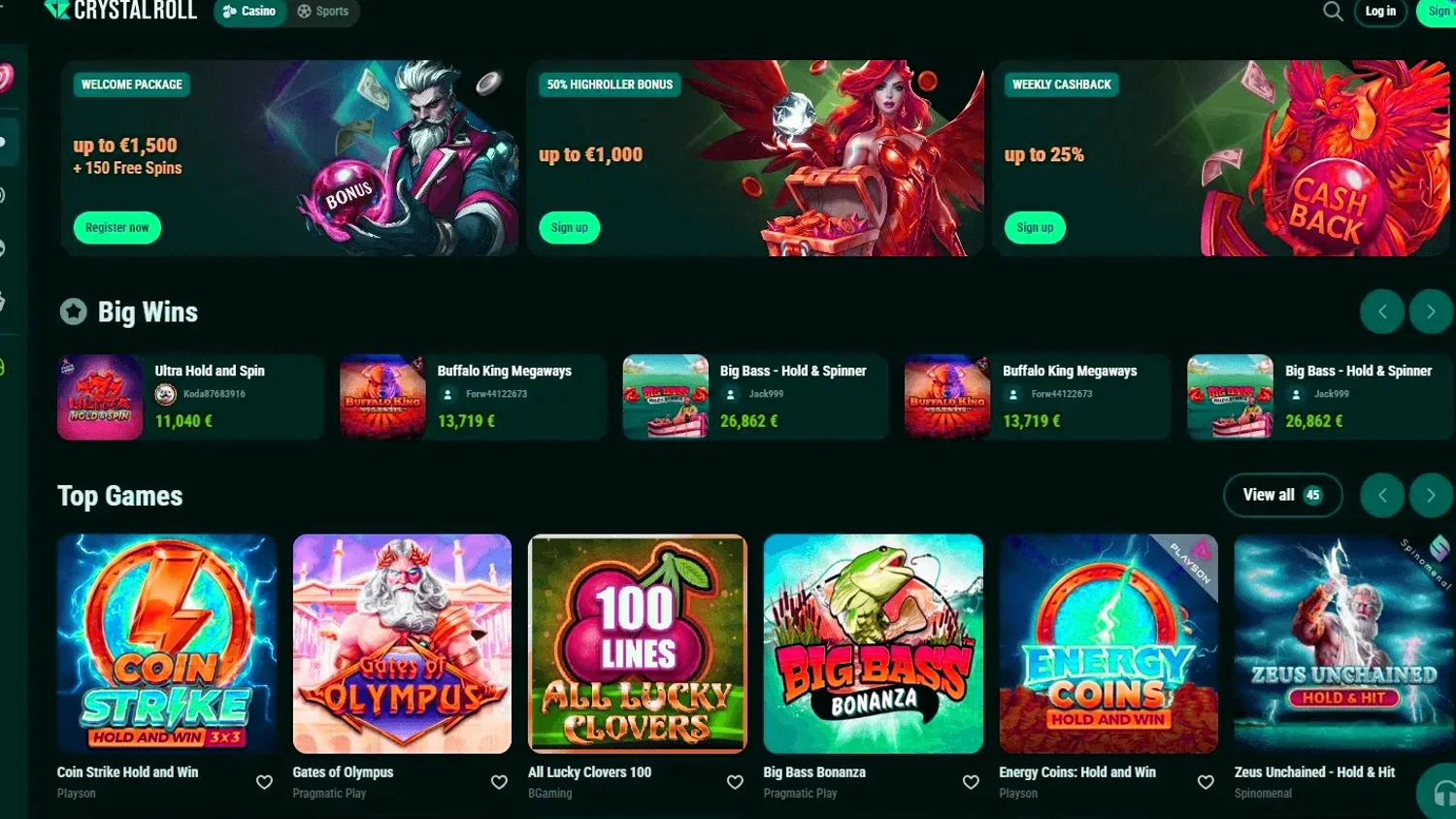 Crystal Roll Startseite mit ausgewaehlten Slots