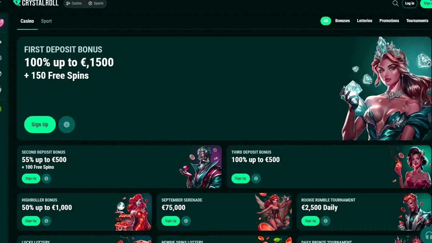Crystal Roll Aktionsseite mit Reload- und Cashback-Angeboten